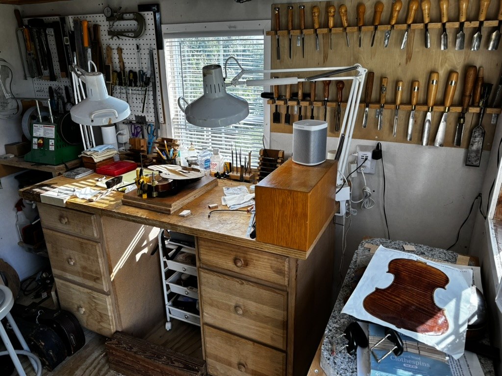 Actual McCarten Violins workbench, tools, and instrument in progress